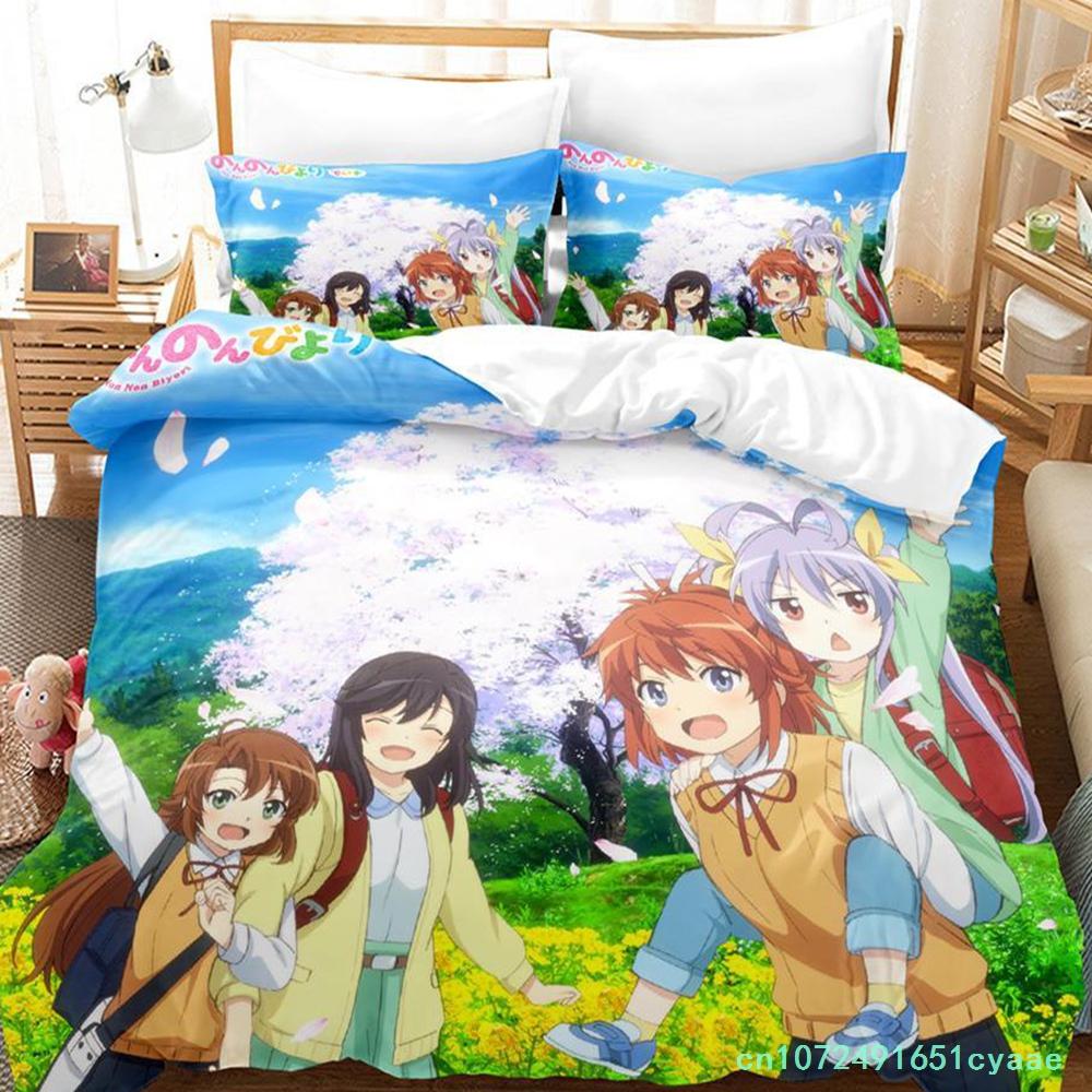 Non Non Biyori Bedding Set Single Twin Full Queen King Size Bed Set Adult Kid Bedroom Duvetcover Sets Anime Parure De Lit Bed
