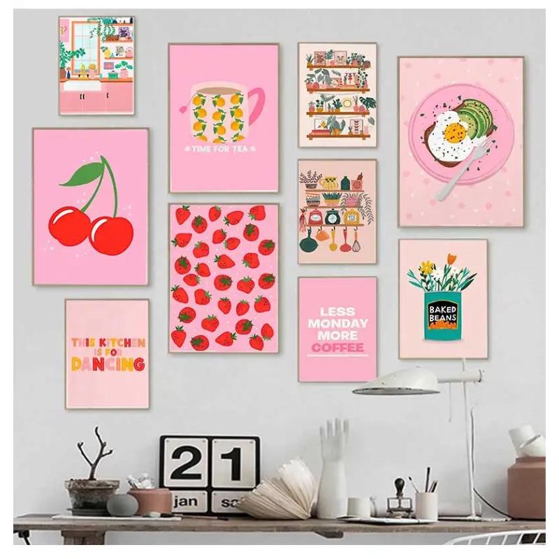 Abstract Coffee Cherry Strawberry Plant Wall Art Canvas Painting Nordic Posters And Prints Wall Pictures For Pink Kitchen Decor