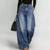 Jeans Larghi Casual in Metallo con Foro Rotondo, Vita Alta, Gamba Larga, Lavati, Barba di Gatto, Terra Bianca, Stile Europeo e Americano, Donna