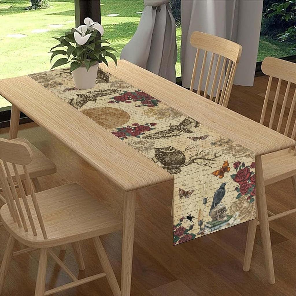 Halloween Gothic Roses Crows Skull Linen Table Runner Party Decor Farmhouse Kitchen Dining Table Runner Halloween Decorations