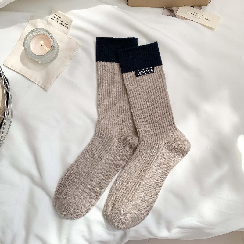 Wool Socks with Children's Multi-color Letter Fabric Labels, Mid-calf Socks, Vertical Stripes, Chunky Socks