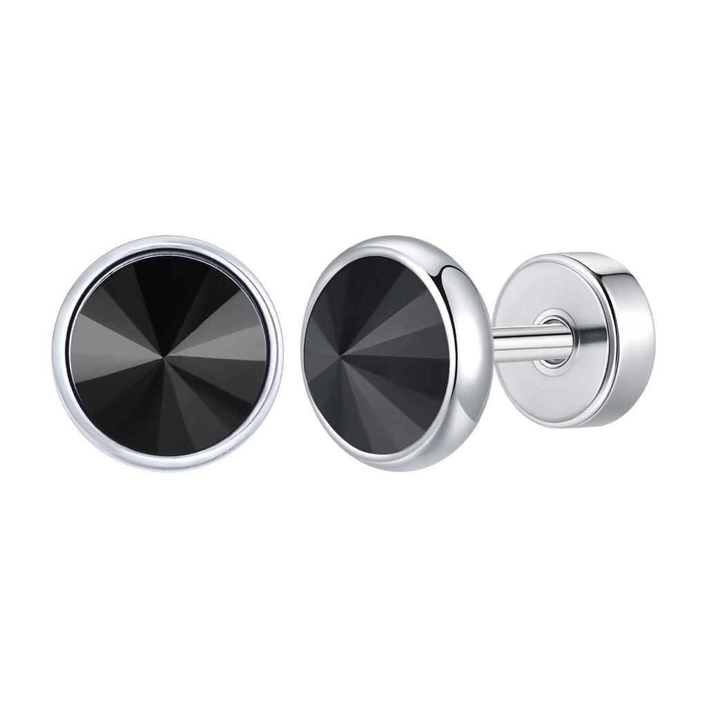 Vnox Multi-faced Cut Zircon Stone Earrings for Men Boys, Screw Back Stud Barbell Shaped Earrings,Black Stainless Steel Jewelry