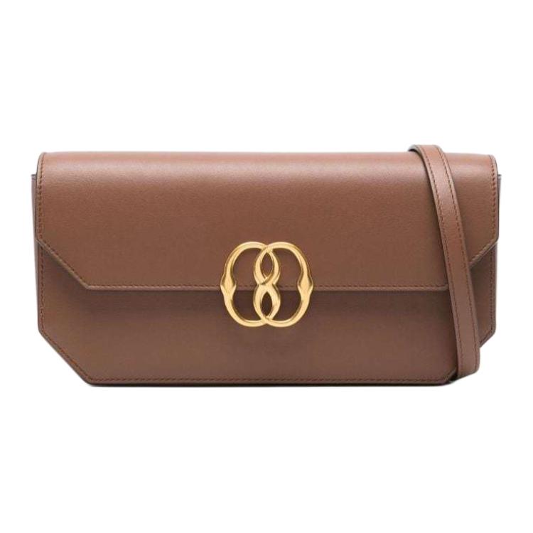 Bally Emblem Adjustable Shoulder Strap Magnetic Closure Calfskin Shoulder Bag Women Shoulder Bag Brown Gold 6307153