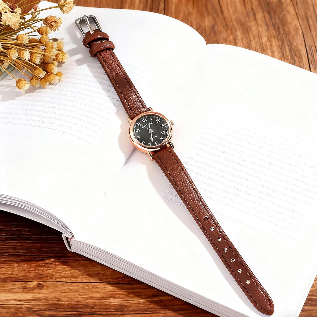 Simple Retro Round Alloy Dial Leather Strap Women's Quartz Watch, Suitable for Everyday Wear, Christmas and Thanksgiving Gifts