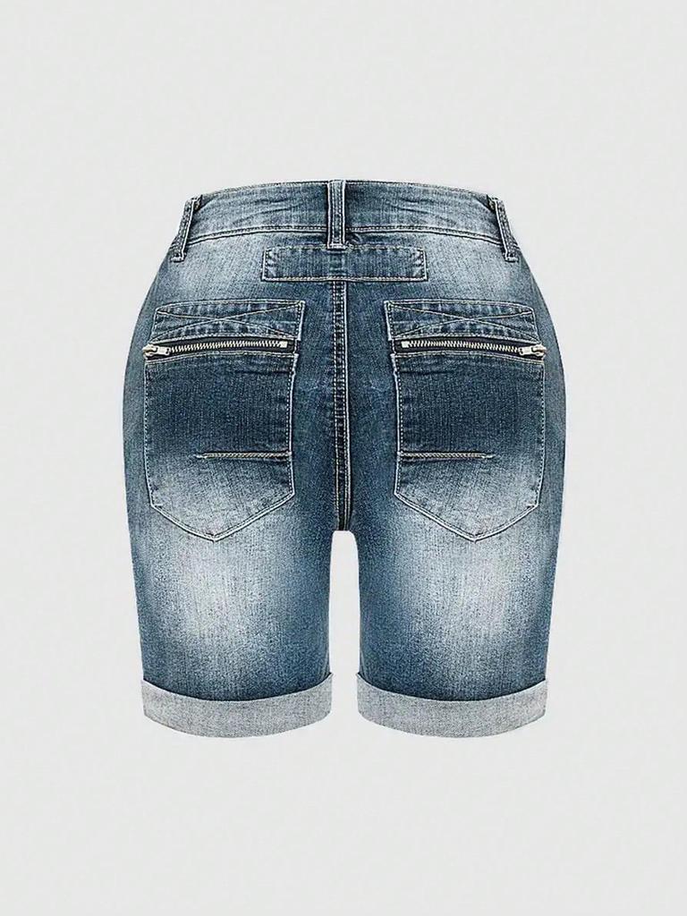 Europäische und amerikanische Retro-Denim-Radshorts mit Aufschlagdesign und Knopfleiste