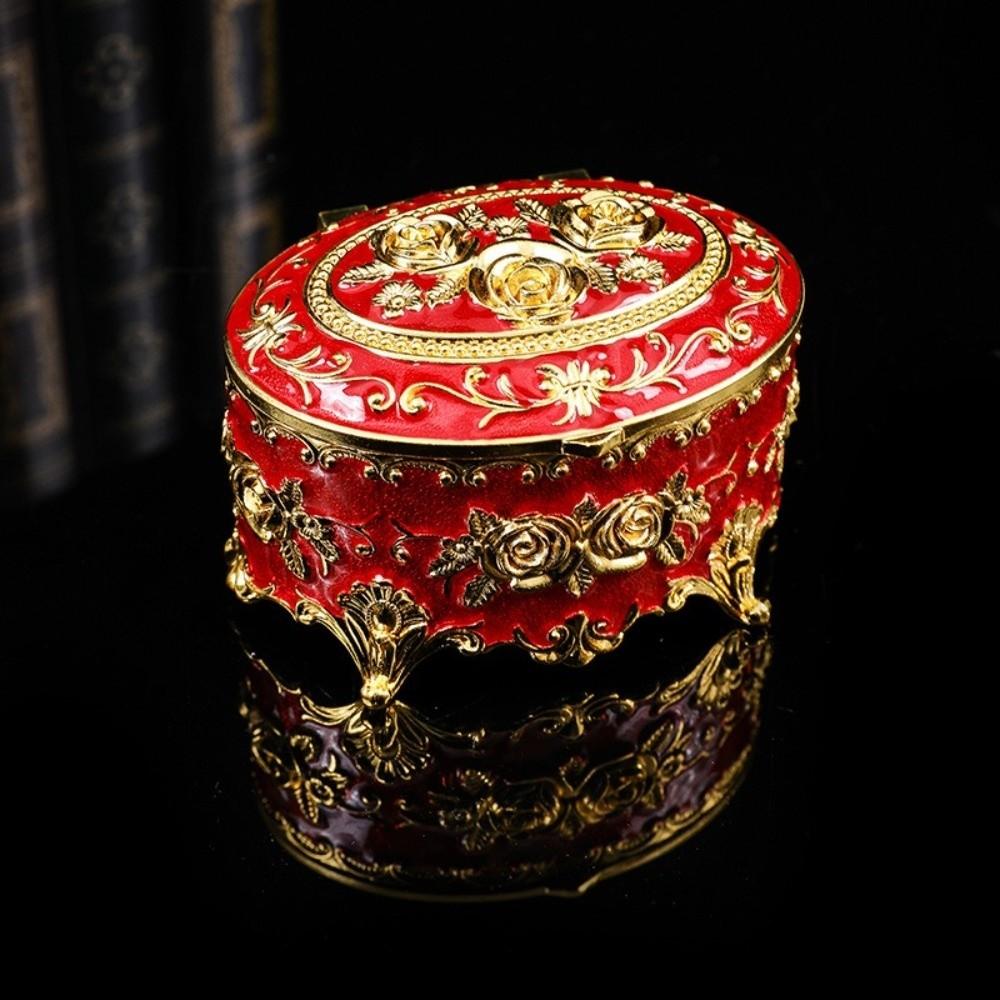 Oval Rose Enamel Box European Style Antique Storage Case Metal Jewelry Box Desk Storage