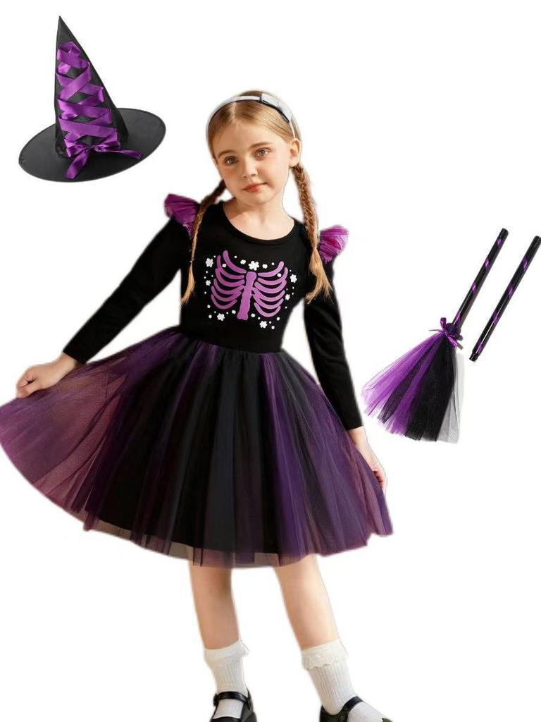Vestido de Malha Preto e Roxo de Manga Longa com Asas para Meninas - Estilo Festa à Fantasia de Halloween
