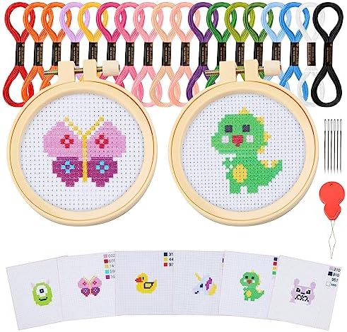 Ysimple Kids Cross Stitch Kit, 6 Animal Patterns DIY Embroidery Starter Kit for Beginners, Includes 2 Hoops, Crafts Sewing Art for Children & Adults