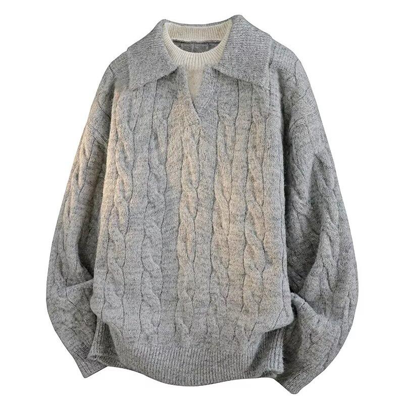 Мужской корейский двухкомпонентный свитер с косами и отложным воротником - Свободный с длинным рукавом верхняя одежда для осенизимы M светло-серый 2590₽