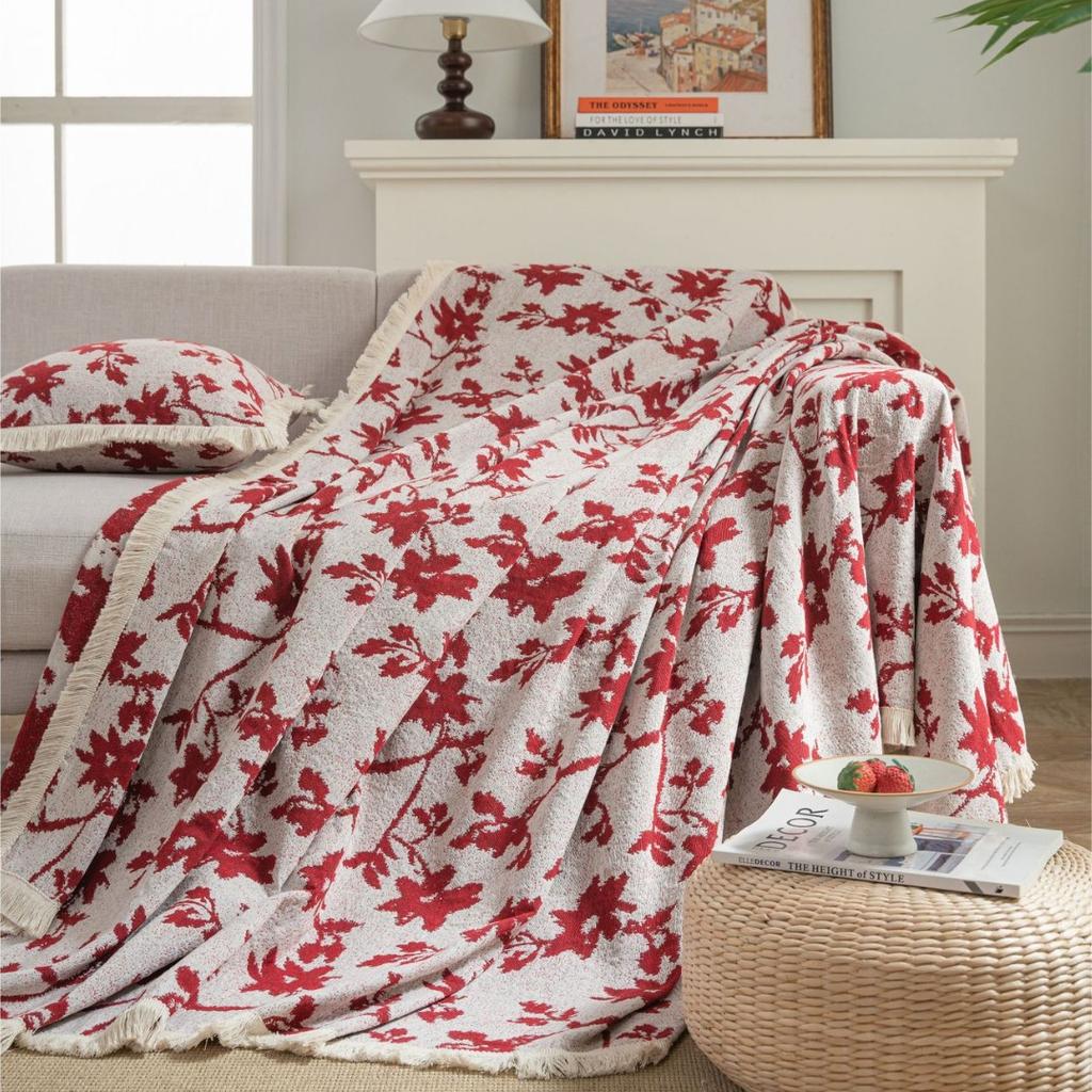 Exquisite sofa towel anti-cat scratch jacquard red flower retro festive access thick sofa blanket factory