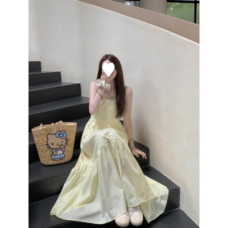 Summer temperament sweet vacation style fairy yellow suspender dress small man dopamine wear