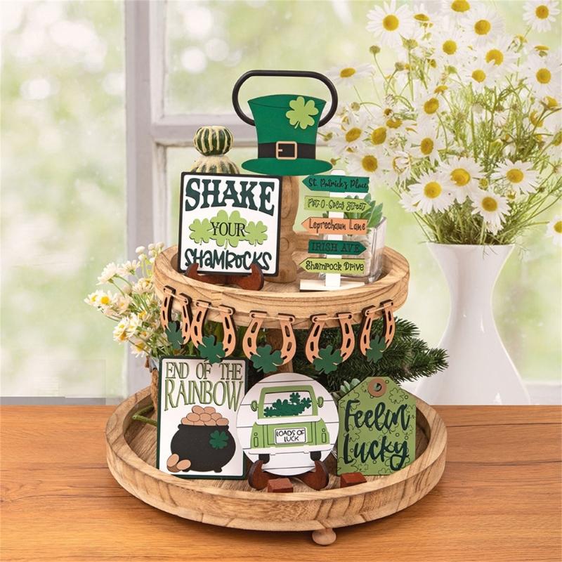 Patrick's Day Tiered Tray Decorations Gnome Leprechaun's Hat Shamrock Wooden Signs Decorations for Patrick's Day Decor