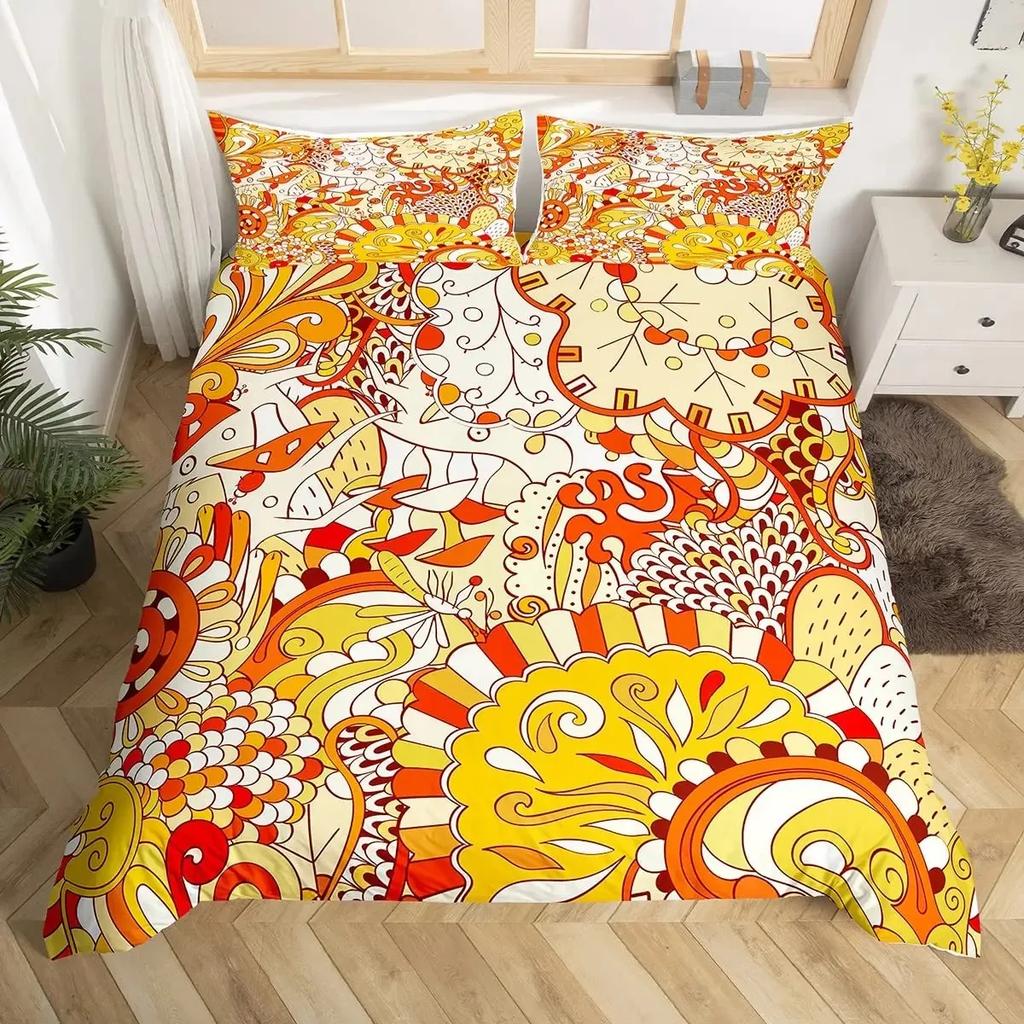 Retro 70er Jahre Hippie Stil Bettbezug Set Queen, Psychedelisches Pilz Bettwäsche Set Regenbogen Blumen Sterne Mond Bettdeckenbezug