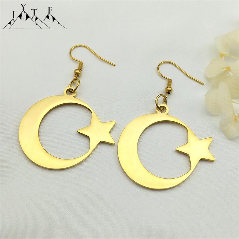 Muslim Islam Moon Star Stainless Steel Hoop Earrings for Women Gold Color Dangle Earrings Amulet Jewelry Party Gift 7615