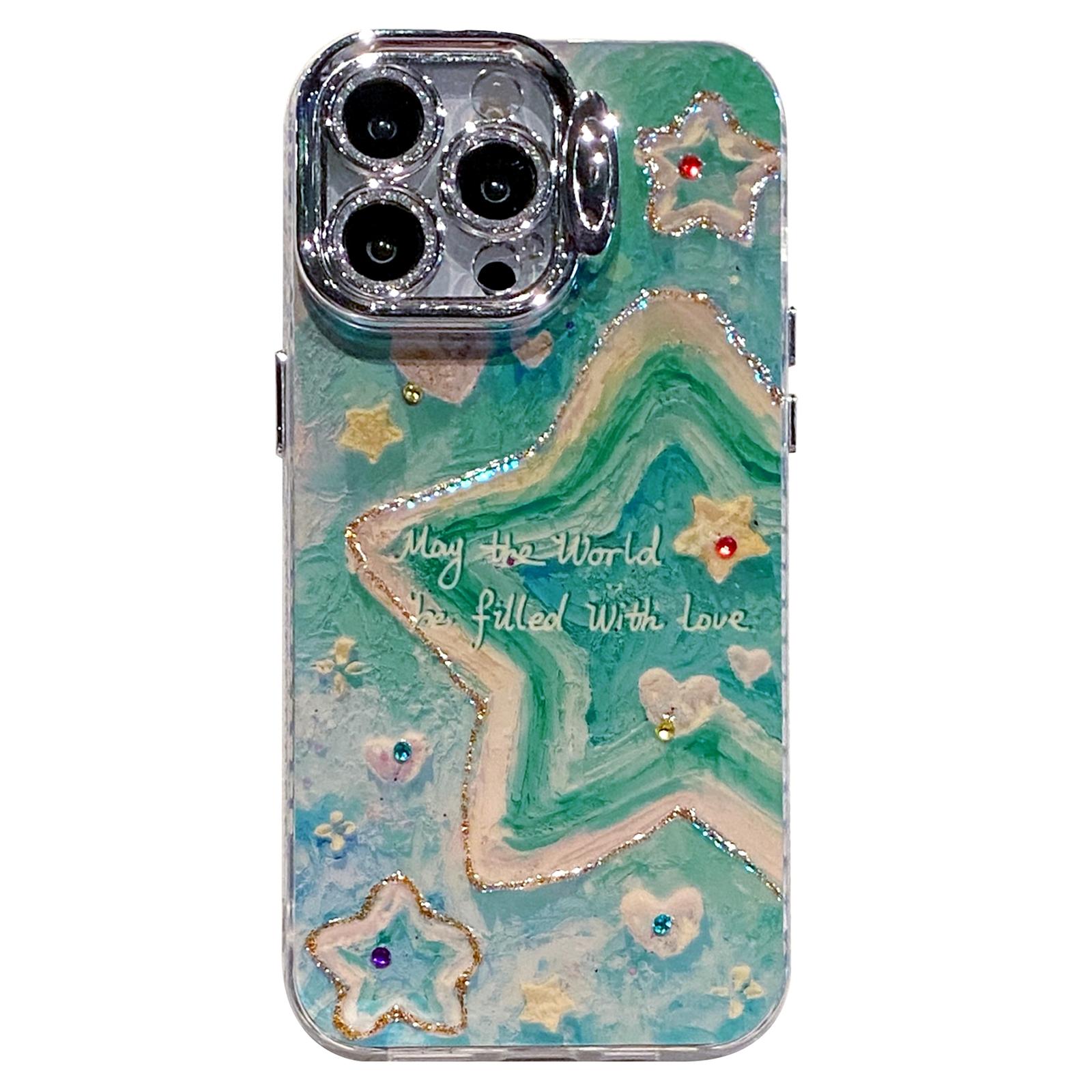 

For iPhone 15 Pro Max Case Lens Kickstand Oil Painting Stars TPU+PC Phone Cover with Glass Lens Film A