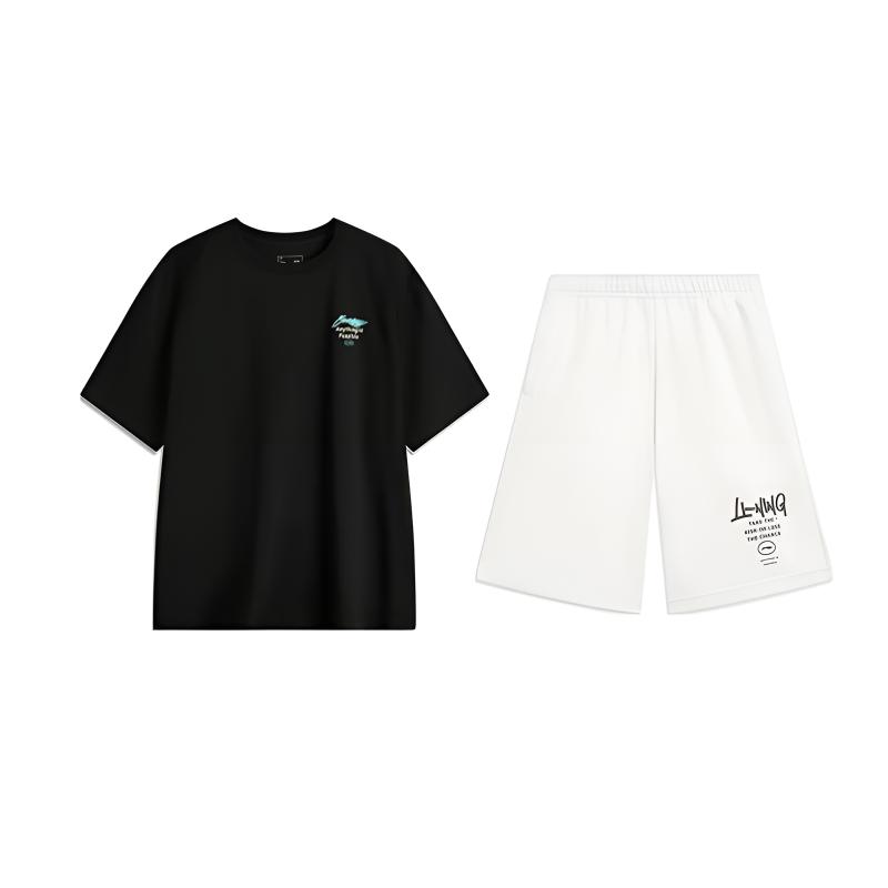 

Модная простая универсальная футболка с коротким рукавом и круглым вырезом с принтом логотипа Li Ning, повседневный спортивный комплект, унисекс, топы, черно-белый AHSU651-2+AKST593-7 4XL