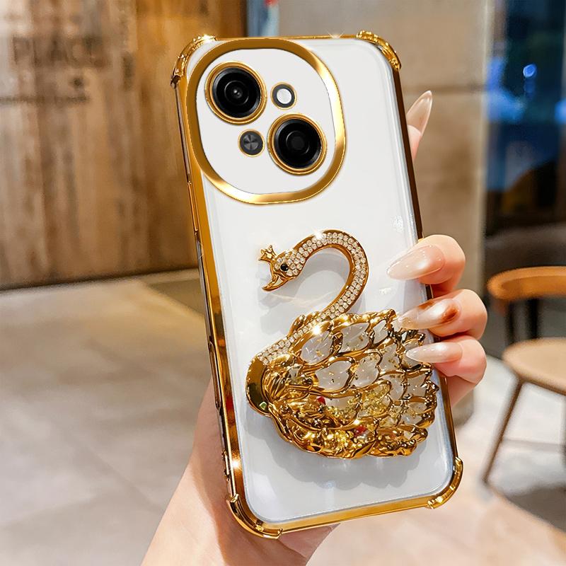 KEYSION Nárazuvzdorné pokovované TPU puzdro na telefón pre TECNO Spark Go 1 1S Go 2025 Trblietavé zdobené labuť so stojanom Zadný kryt pre Pop9 4G