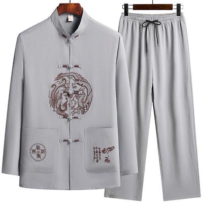 Masculino Estampa Estilo Chinês Camisas de Manga Comprida Calça Tecido Algodão Seda Roupa Esportiva Conjuntos Casuais Masculinos Camisas + Calças