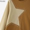 ZANZEA Women Casual Round Neck Patchwork Long Sleeve Pullover T-Shirts