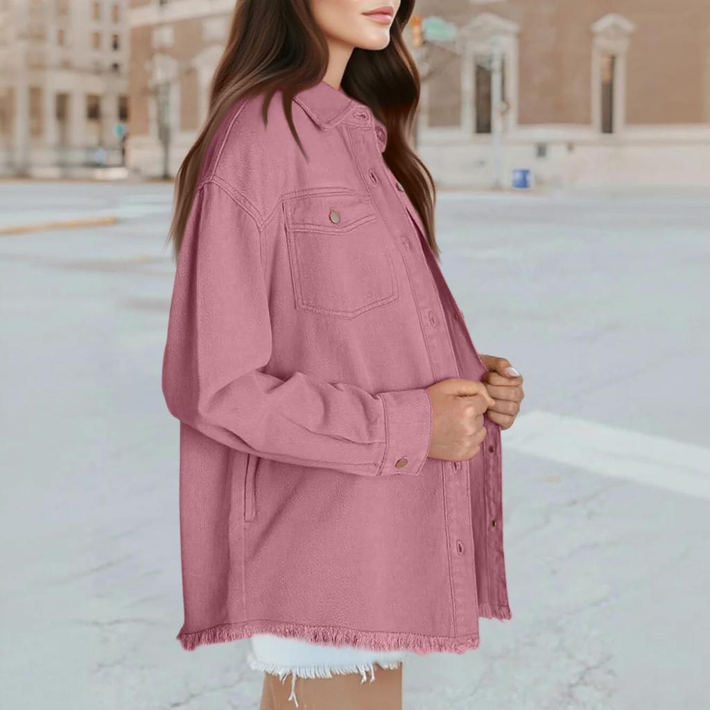 Women's Fashion Washed Denim Shirt Jacket With Frayed Hem Color Outerwear
