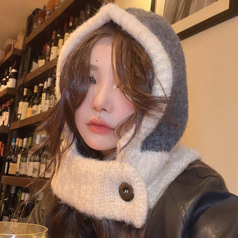 Women s Hooded Button Two-Tone Knit Beanie C6394_Charcoal Beige