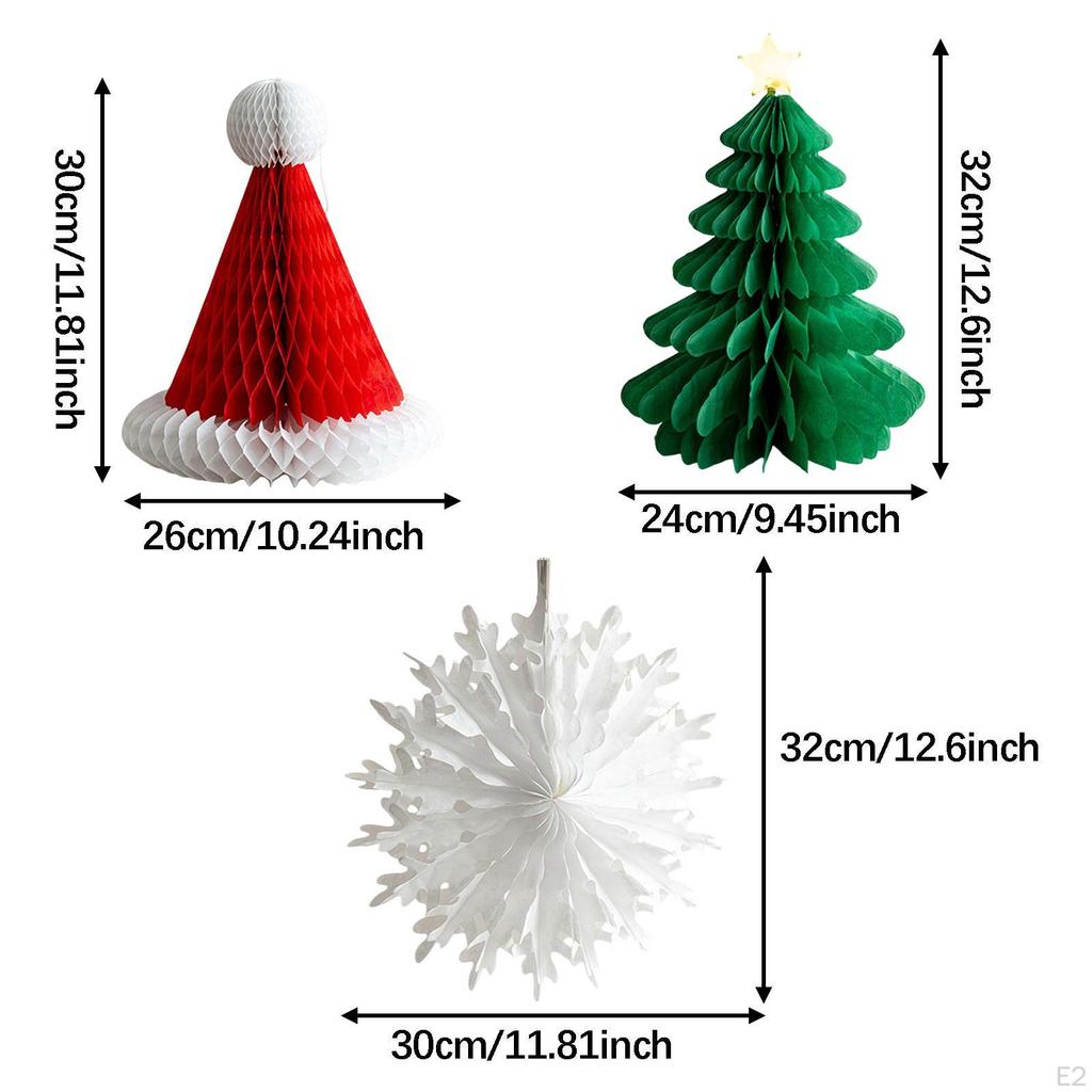 3 Honeycomb Paper Christmas Ornaments for Centerpiece, 3D, Birthday