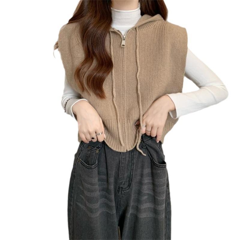 Hooded Vest Women's Versatile Solid Color Cardigan Short Casual Style Jacket Top