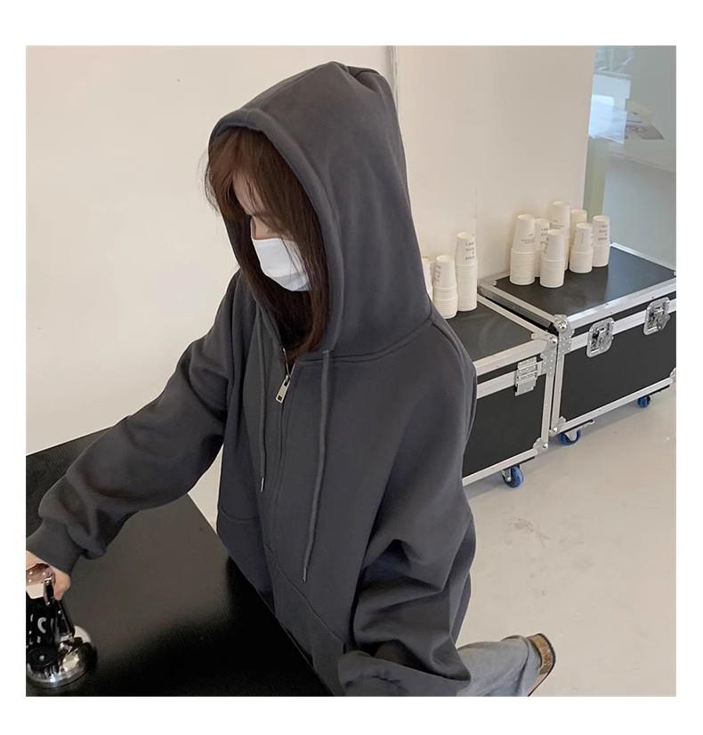 Felpa con cappuccio e zip foderata in pile da donna - Stile coreano pigro, Cardigan spesso per la primavera e l'autunno 2024.