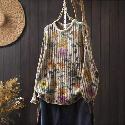 Femeie Toamnă Nișă O-Gât mâneci lungi Vintage Imprimare Pulover casual Pulover liber retro personalitate