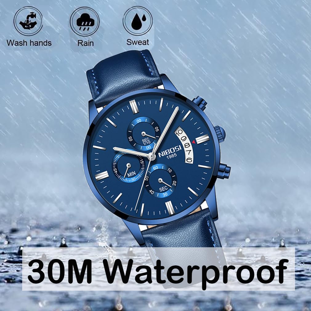 NIBOSI Watch Leather Strap Chronograph Waterproof Brand Analog Business Wristwatch Stylish Casual Big Face Watch Luxury Gift Blue Watch for Men Men's