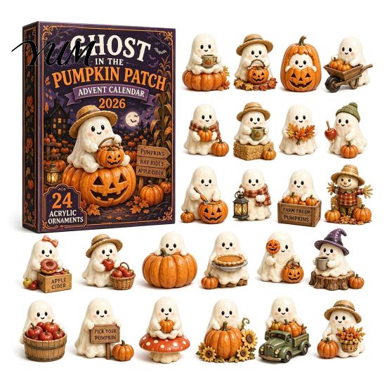 Retro Gift Box Packaging Halloween Advent Calendar, 24-Day Acrylic Ghost Figure Countdown Set Calendar with Diverse Themes, Cute Desk Decor,