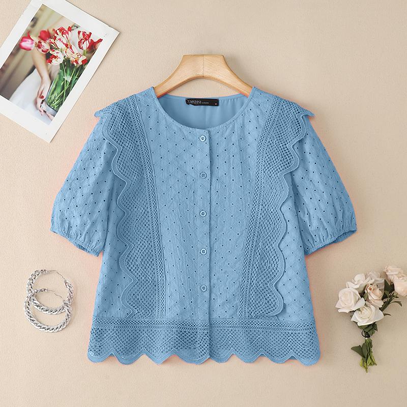 ZANZEA Women Casual Round Neck Patchwork Crochet Loose Short Sleeve Blouse