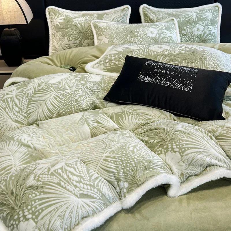 Winter Dickes Bedrucktes Milchsamt Vier-Teile-Set Bequem und Warm Kurzplüsch-Bettbezug 3-teiliges Set Kinderbettlaken