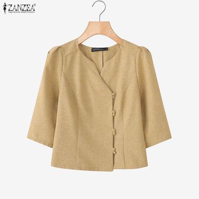 Blusa Casual Feminina de Manga 3/4 e Cor Sólida com Decote Redondo