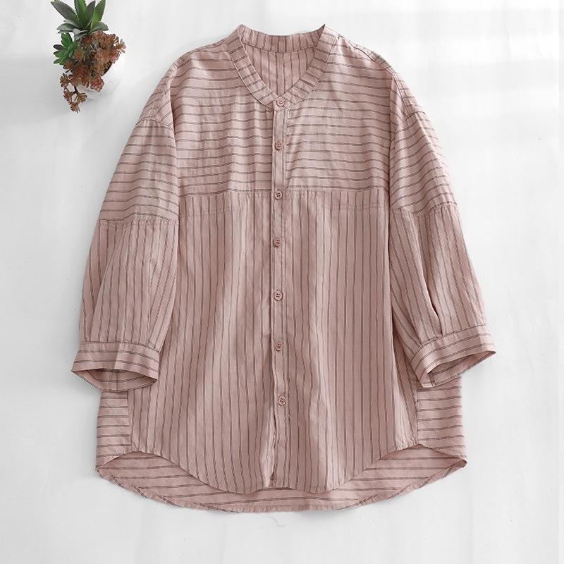 Striped Shirt Color Round Neck Casual Versatile Loose Slimming Summer Shirt Cardigan for Women