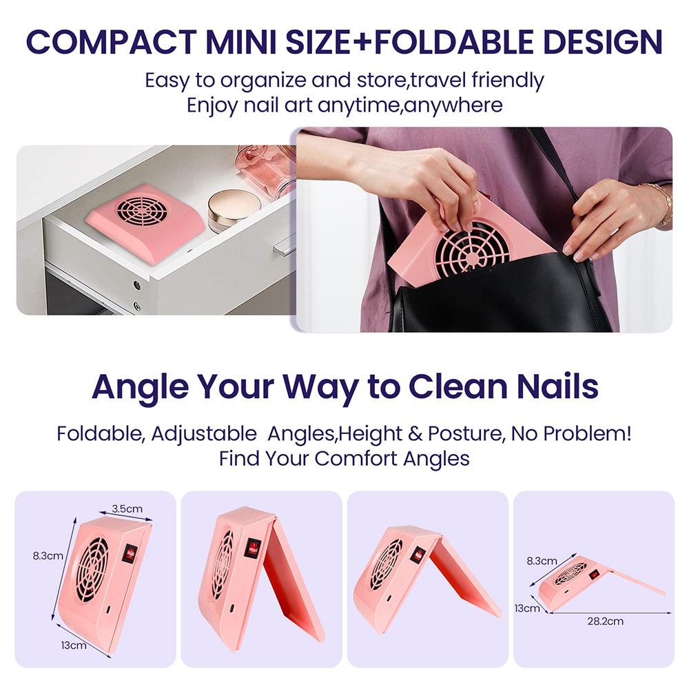 Mini Wireless Nail Dust Collector Portable Nail Vacuum Cleaner Folding Nail Dust Extractor Fan with Dust Filter Bag