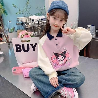 Sweat-shirt à col polo en mélange de coton et soie de lait Kuromi pour filles - Style printemps et automne pour grands enfants