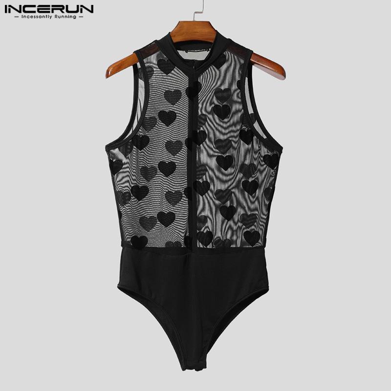 INCERUN Men Crew Neck Sleeveless Print Mesh Sheer Leotard Underwear Jumpsuits