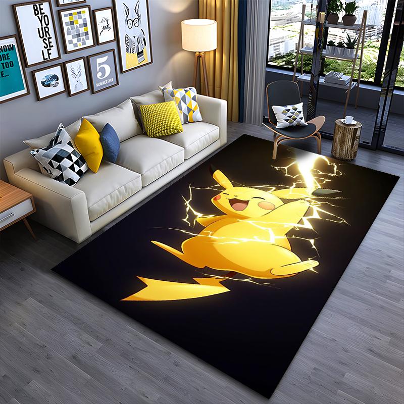Pop Culture Area Rug, Pikachu Pokemon Yellow Lightning Thunder Anime Poster, Playroom Decor, Non-Slip Mat