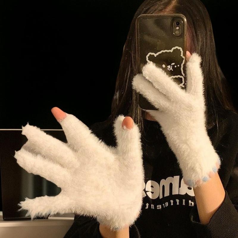 Cute Open Finger Touch Screen Plush Five Finger Gloves For Women In Winter, Warm And Thick Velvet For Cycling Students
