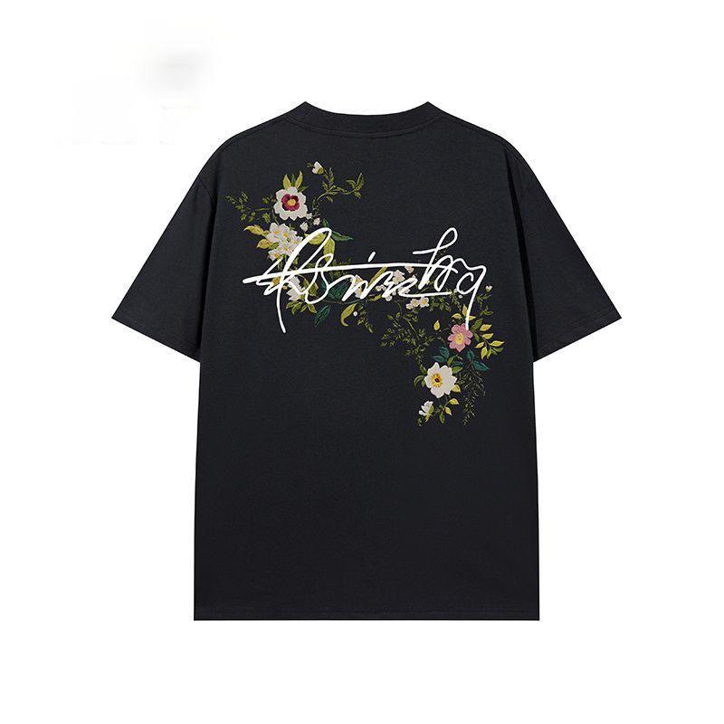 American Street Style Floral Wreath Embroidered Short Sleeve T-Shirt for Men and Women Summer Loose Heavyweight Loose Trendy Brand Half Sleeve