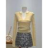 A High-end Striped Long-sleeved Knitted Sweater for Women's Autumn Fashion, with A Slimming and Form-fitting Look. Two Unique Waist-hugging Tops
