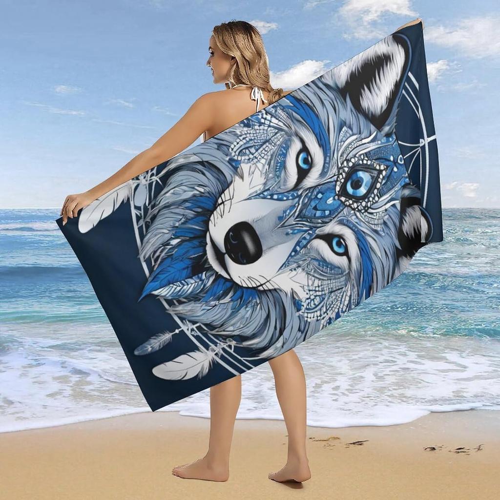 Beach Towel for Men Women Absorbent Quick Dry Bath Towels Compatible with Totem Native American Wolf Dream Catcher, Sand Free