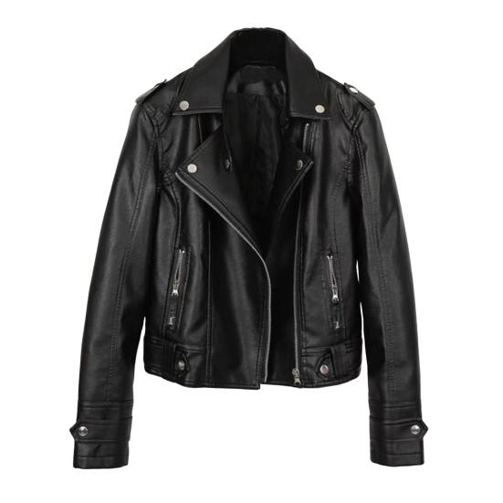 

Женская куртка из искусственной кожи с гладкой поверхностью, отложным воротником, застежкой-молнией и заклепками XXL чёрный