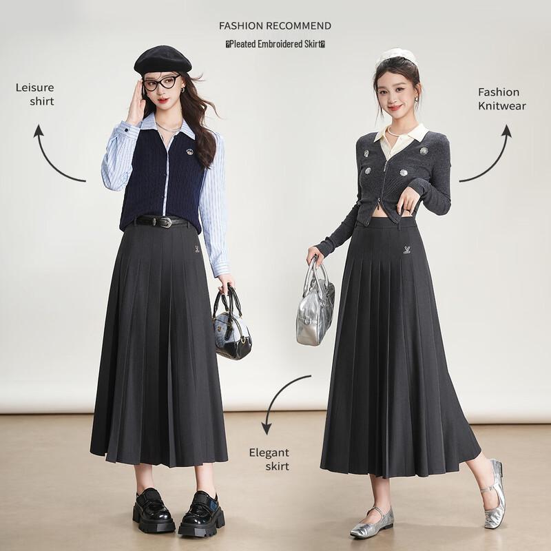 Bailuyu Academy Style Embroidered Pleated A-line Long Skirt XL