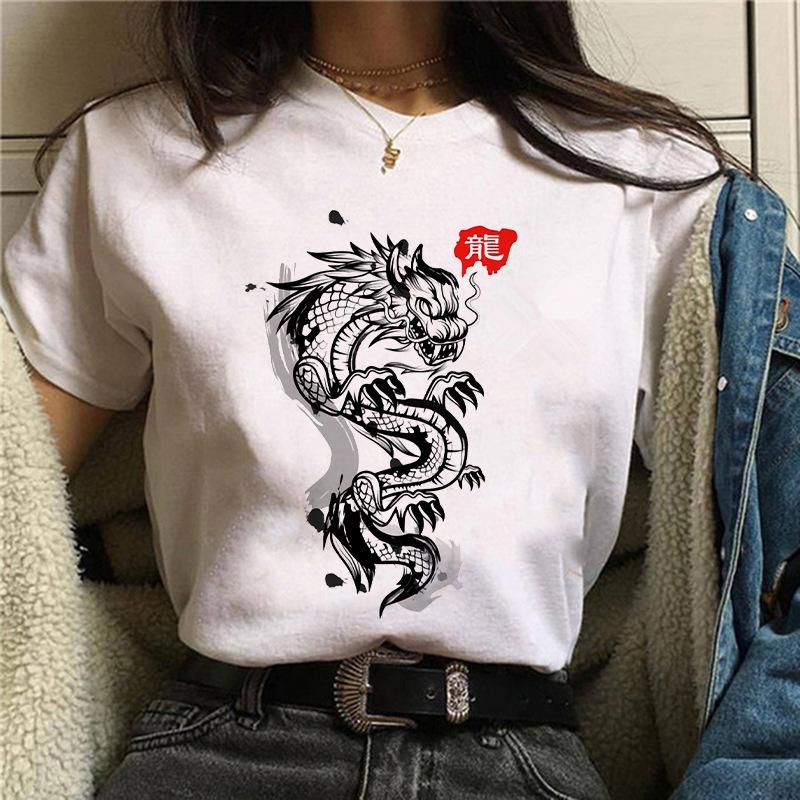 Harajuku Chinese Dragon Print Popular Fashion Trend Largesized Thin Unisexs and Womens Same Shortsleeved Tshirt Graphic