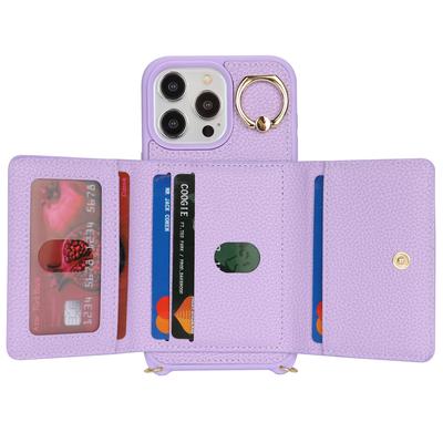 For iPhone 14 Pro Max Case Card Holder Wallet Leather+TPU Crossbody Phone Cover with Ring Kickstand