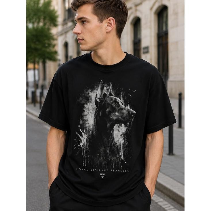 Men s Black Short Sleeve T-Shirt with Doberman Graphic Print, Crew Neck Relaxed Fit Soft Cotton Blend for Casual Daily Wear S