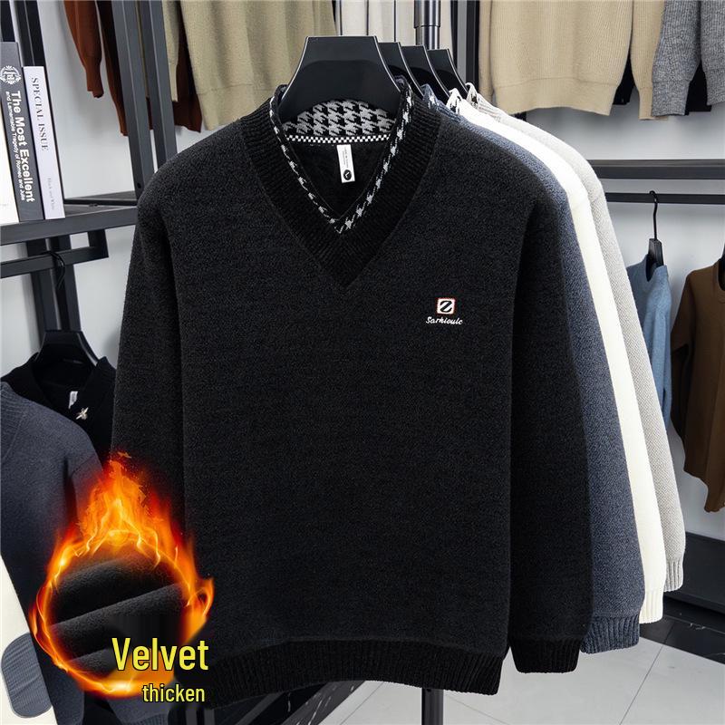 Men s Korean Style V-neck Wool Sweater - Slim Fit, Plus Velvet, Winter Warmth M fits 100-120 lbs