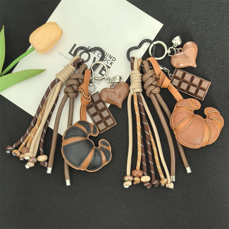 New Croissant Pendant Fashion Braided Rope Bag Pendant Creative Diy Luggage Pendant Pu Leather Bread Keychain Gift Accessories
